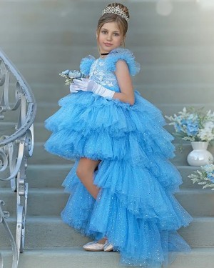 Sparkle Blue Jewel Neckline High Low Ruffled Girls Pageant Dress FG1058