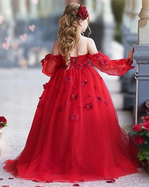 Red Tulle Handmade Flower Strapless Girls Pageant Dress with Long Sleeves FG1059