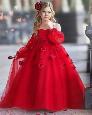 Red Tulle Handmade Flower Strapless Girls Pageant Dress with Long Sleeves FG1059