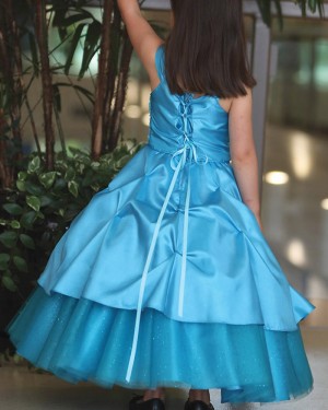 Navy Blue Satin Square Girl's Pageant Dress with Handmade Flowers