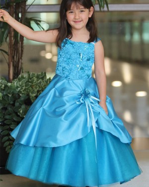 Navy Blue Satin Square Girl's Pageant Dress with Handmade Flowers