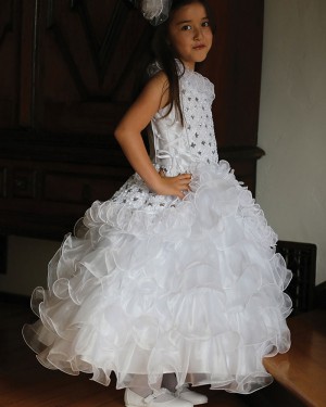 White Asymmetric Beading Ruffled Ball Gown Pageant Dress for Girls