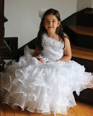 White Asymmetric Beading Ruffled Ball Gown Pageant Dress for Girls