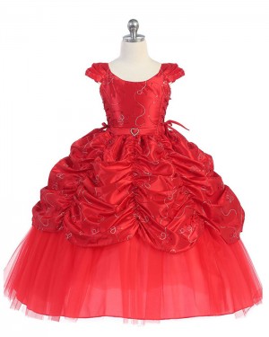 Red Ruffled Satin Scoop Ball Gown Pageant Dress for Girls with Cap Sleeves