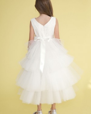 White Pleated Tulle High Low Girl's Pageant Dress with Beading Belt