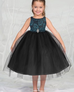 Satin and Tulle Round Neck Black Girl's Pageant Dress