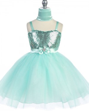 Sequined Tulle Square Mint Girl's Pageant Dress with Belt