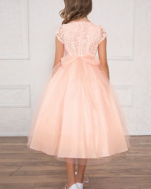 Pink Lace Bodice Round Neck Girl's Pageant Dress with Short Sleeves
