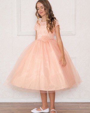 Pink Lace Bodice Round Neck Girl's Pageant Dress with Short Sleeves