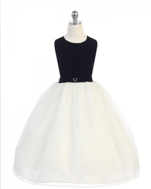White Simple Tulle Black and Girls Dress with Bowknot