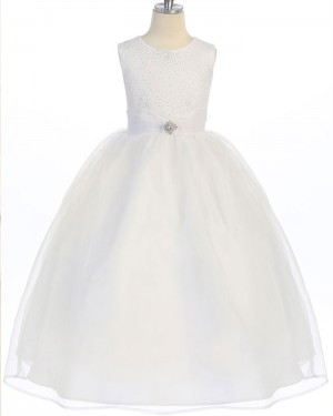 Ivory Round Neck Beading and Sequin Bodice Girl's Pageant Dress