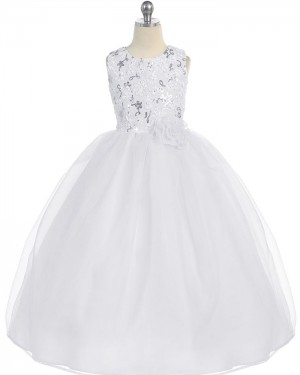 Ivory A-line Sequined Girl's Pageant Dress with Flower