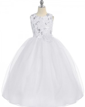 Ivory A-line Sequined Girl's Pageant Dress with Flower