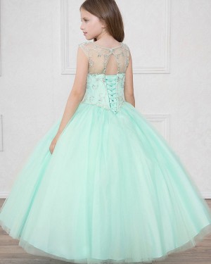 Beading Tulle Sheer Mint Ball Gown Pageant Dress for Girls