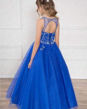 Royal Blue Beading Jewel Sheer Tulle Girl's Pageant Dress