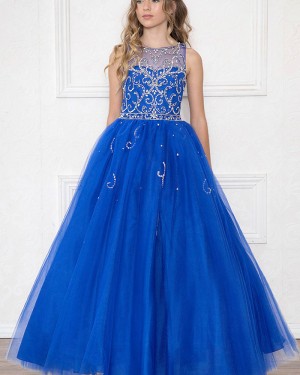 Royal Blue Beading Jewel Sheer Tulle Girl's Pageant Dress