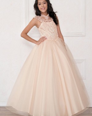 Lace High Neck Sheer Ball Gown Girl's Pageant Dress