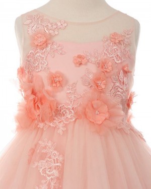 Handmade Flowers Sheer Neck Pink Girl's Pageant Dress