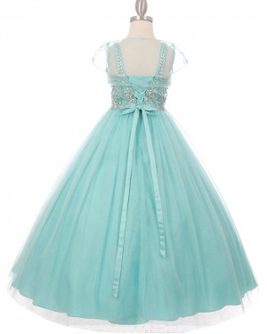 Scoop Girl's Green Beading Pageant Dress with Short Sleeves