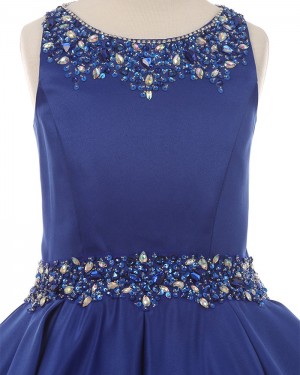 Satin Blue Jewel Beading Pleated Girl's Pageant Dress