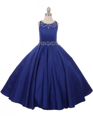 Satin Blue Jewel Beading Pleated Girl's Pageant Dress