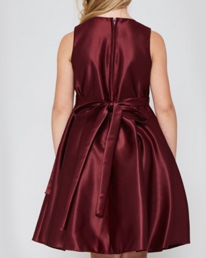 Satin Pleated V-neck Burgundy Girl's Pageant Dress with Belt