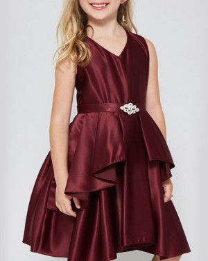 Satin Pleated V-neck Burgundy Girl's Pageant Dress with Belt