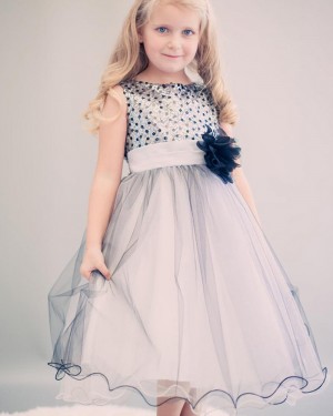 Blue Tulle Beading Pageant Dress for Girls with Flower