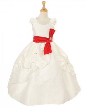 Ruffled Ball Gown Ivory Taffeta Girl's Pageant Dress with Belt