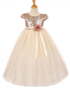 Sequined Bodice Gold Pageant Dress for Girls with Flower