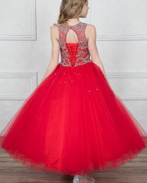 Red Tulle High Neck Beading Girl's Pageant Dress