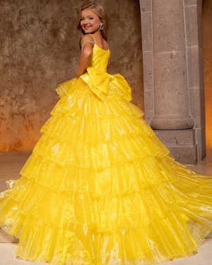 Yellow Spaghetti Straps Tulle Beaded Girls Pageant Dress with Layered Skirt GP1065