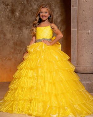 Yellow Spaghetti Straps Tulle Beaded Girls Pageant Dress with Layered Skirt GP1065