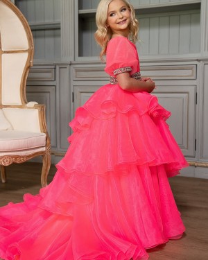 Tulle One Shoulder Ruffled Rose Red Beaded Girls Pageant Dress GP1066