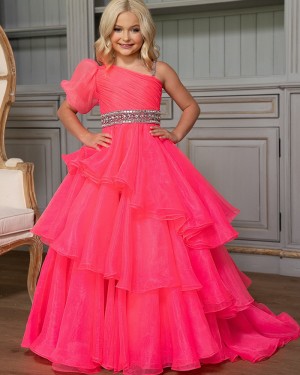 Tulle One Shoulder Ruffled Rose Red Beaded Girls Pageant Dress GP1066