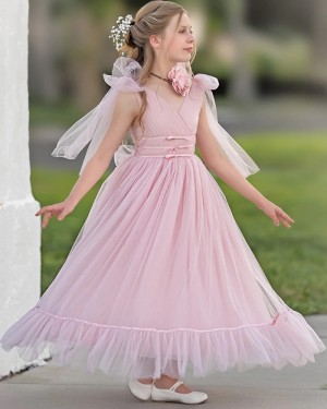 Ruched Dusty Pink Tulle V-neck Pageant Dress for Girls GP1067