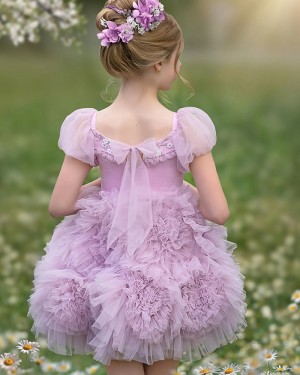 Lavender Ruffled Jewel Tulle Knee Length Girls Pageant Dress with Short Sleeves GP1068