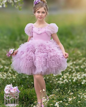 Lavender Ruffled Jewel Tulle Knee Length Girls Pageant Dress with Short Sleeves GP1068