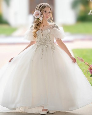 Beaded Ivory Jewel Tulle Girls Pageant Dress with Short Sleeves GP1069