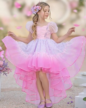 High-low Ombre Bateau Neckline Ruched Lace Girls Pageant Dress with Short Sleeves GP1071