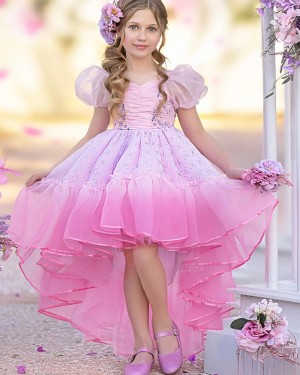 High-low Ombre Bateau Neckline Ruched Lace Girls Pageant Dress with Short Sleeves GP1071