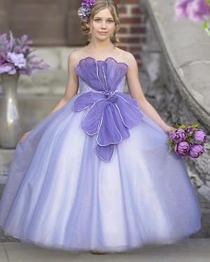 Tulle Dusty Blue Strapless Girls Pageant Dress with Handmade Flower GP1072