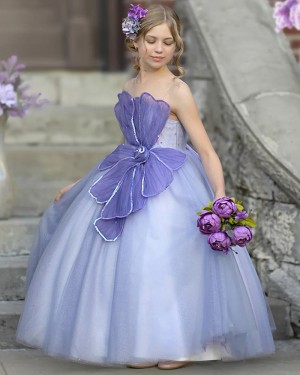 Tulle Dusty Blue Strapless Girls Pageant Dress with Handmade Flower GP1072