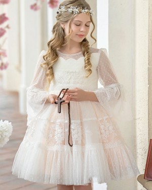 Ivory Jewel Polka Dot Lace Applique Girls Pageant Dress with Long Sleeves GP1073