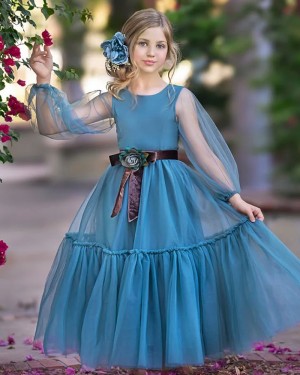 Lake Blue Jewel Tulle Ruffled Girls Pageant Dress with Long Sleeves GP1074