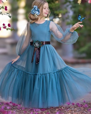 Lake Blue Jewel Tulle Ruffled Girls Pageant Dress with Long Sleeves GP1074