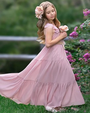 Dusty Pink Bateau Chiffon Ruched Girls Pageant Dress GP1075