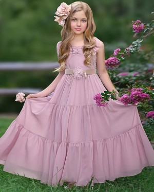 Dusty Pink Bateau Chiffon Ruched Girls Pageant Dress GP1075