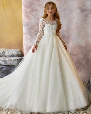 Lace Bodice Jewel Sparkle Ivory Girls Pageant Dress with Long Sleeves GP1076