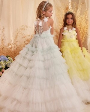 Beaded Bodice High Neck Ruffled Ivory Girls Pageant Dress GP1077